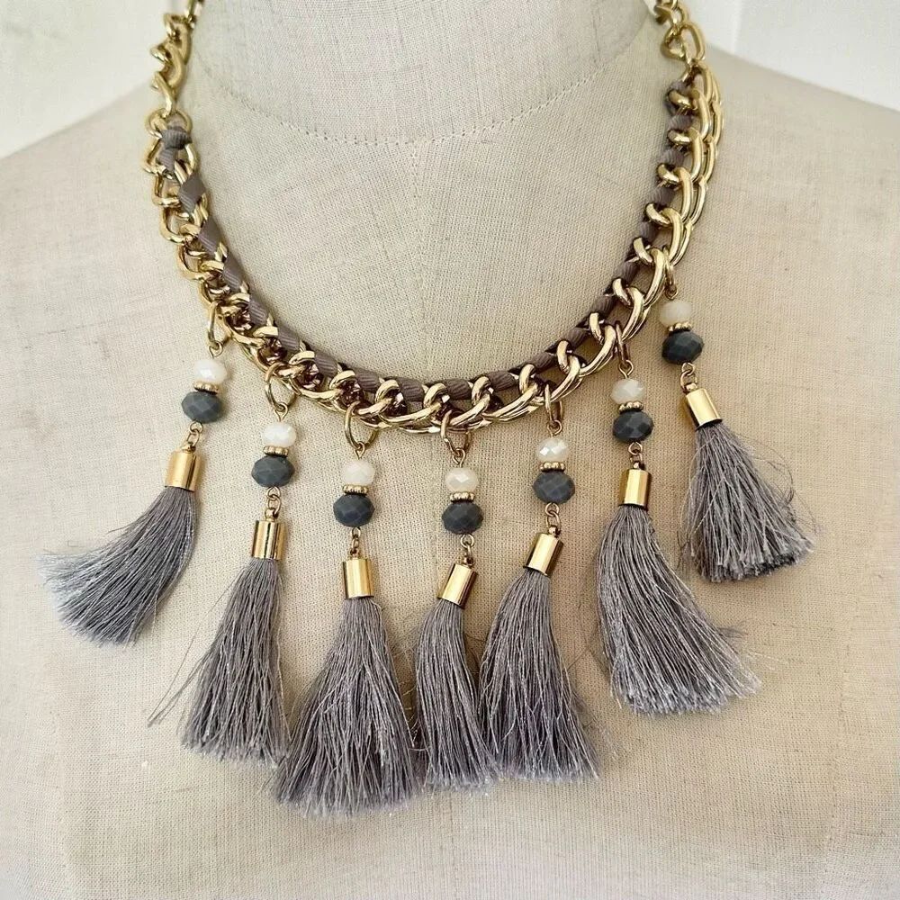 The Limited grey gold tone tassel statement necklace